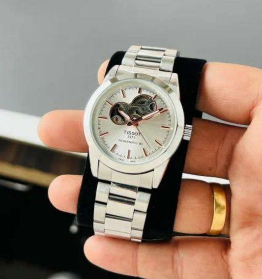 Silver Automatic Open-Heart Luxury Watch