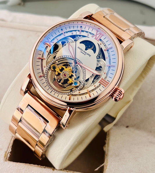 Rose Gold Skeleton Moon Phase Luxury Watch