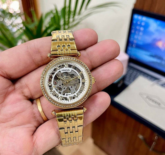 Gold Skeleton Dial Crystal-Accented Luxury Watch